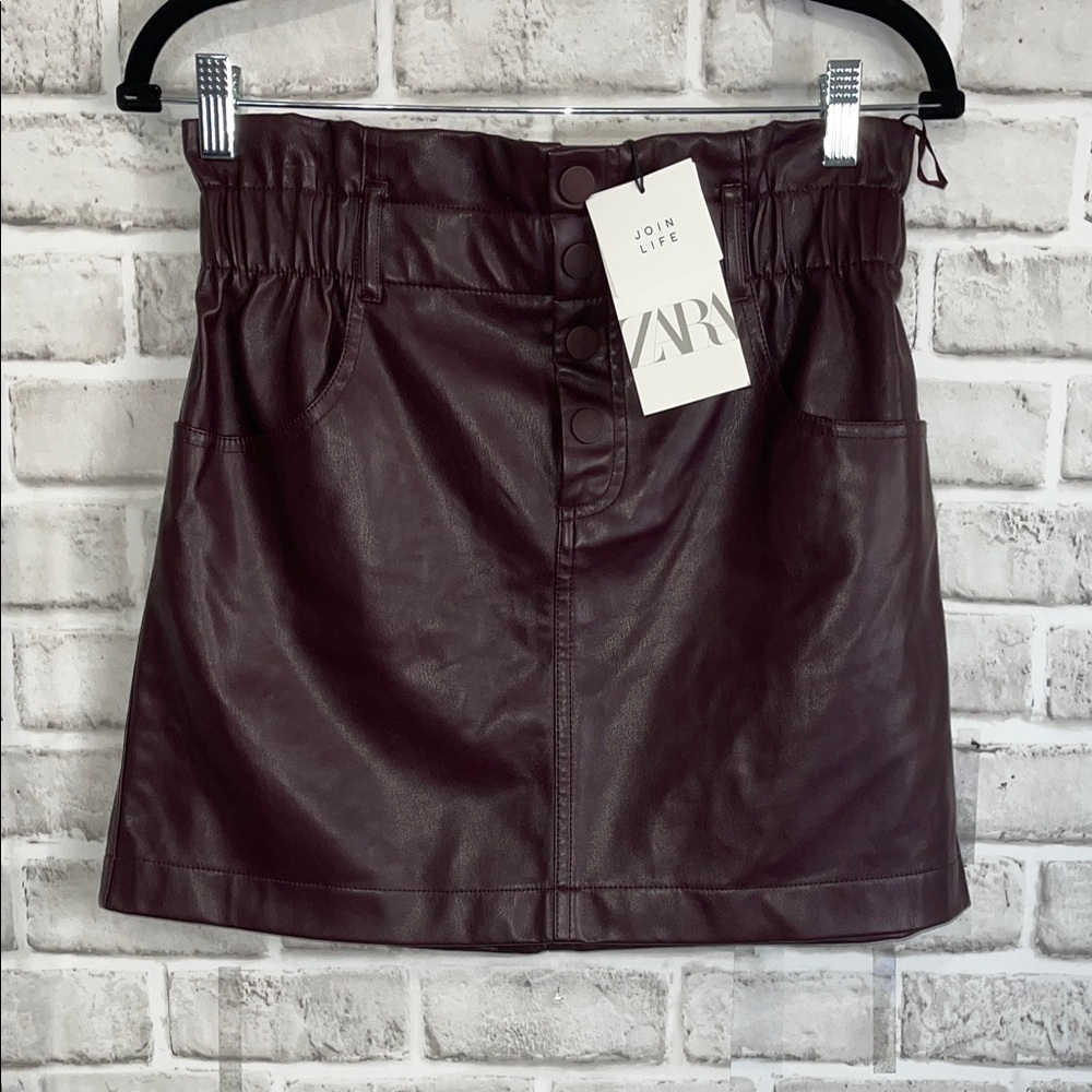 Zara Women's Burgundy Leather Mini Skirt